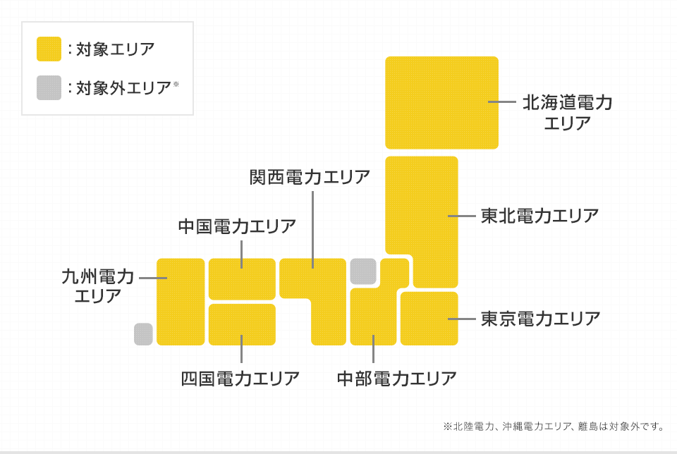 【対象エリア】北海道電力エリア、東北電力エリア、東京電力エリア、中部電力エリア、関西電力エリア、中国電力エリア、四国電力エリア、九州電力エリア ※北陸電力、沖縄電力エリア、離島は対象外です。