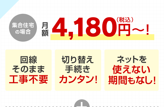 集合住宅の場合 月額4,180円~!回線そのまま工事不要・切り替え手続きカンタン!・ネットを使えない期間もなし!